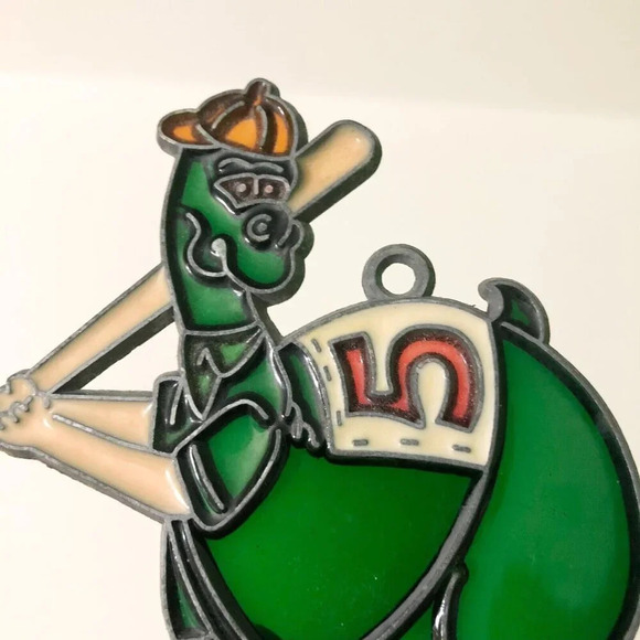 Vtg Dinosaur  Playing Baseball Suncatcher Small Window Hanging - Picture 1 of 12